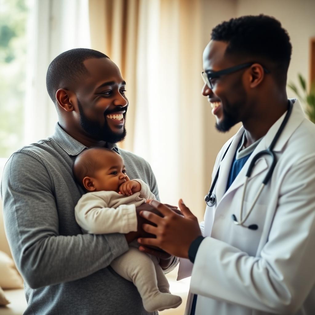 Nigerian doctor visiting a father and baby